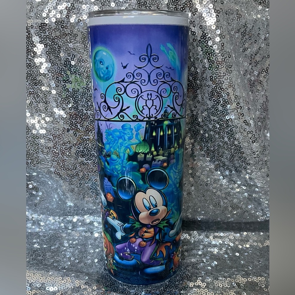 3D Disney Halloween 20 oz skinny tumbler with plastic cover.